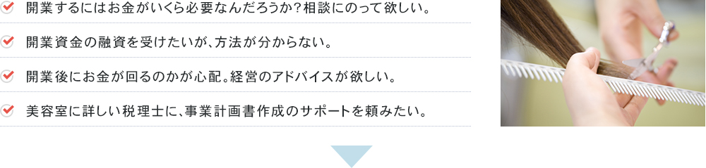 開業するにはお金がいくら必要なんだろうか？相談にのって欲しい。開業資金の融資を受けたいが、方法が分からない。開業後にお金が回るのかが心配。経営のアドバイスが欲しい。美容室に詳しい税理士に、事業計画書作成のサポートを頼みたい。